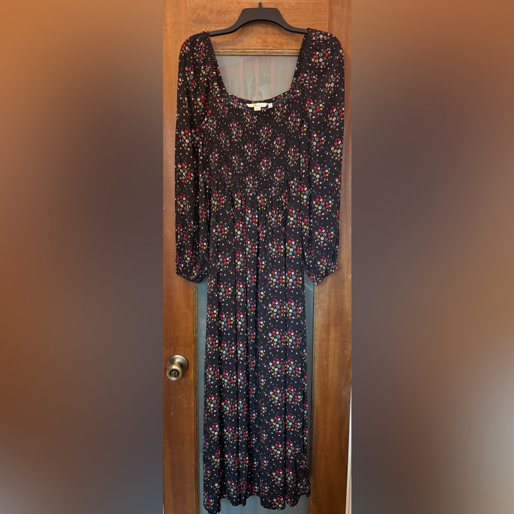 Boden Square Neck Smocked Bodice LS Collarless PullOn Black Floral Maxi Dress-4